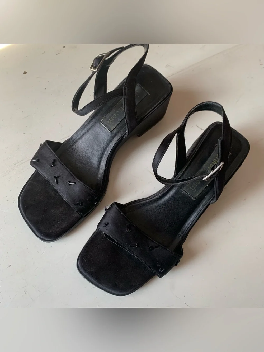 Vintage 90s Black Satin Square Toe Heels Sandals